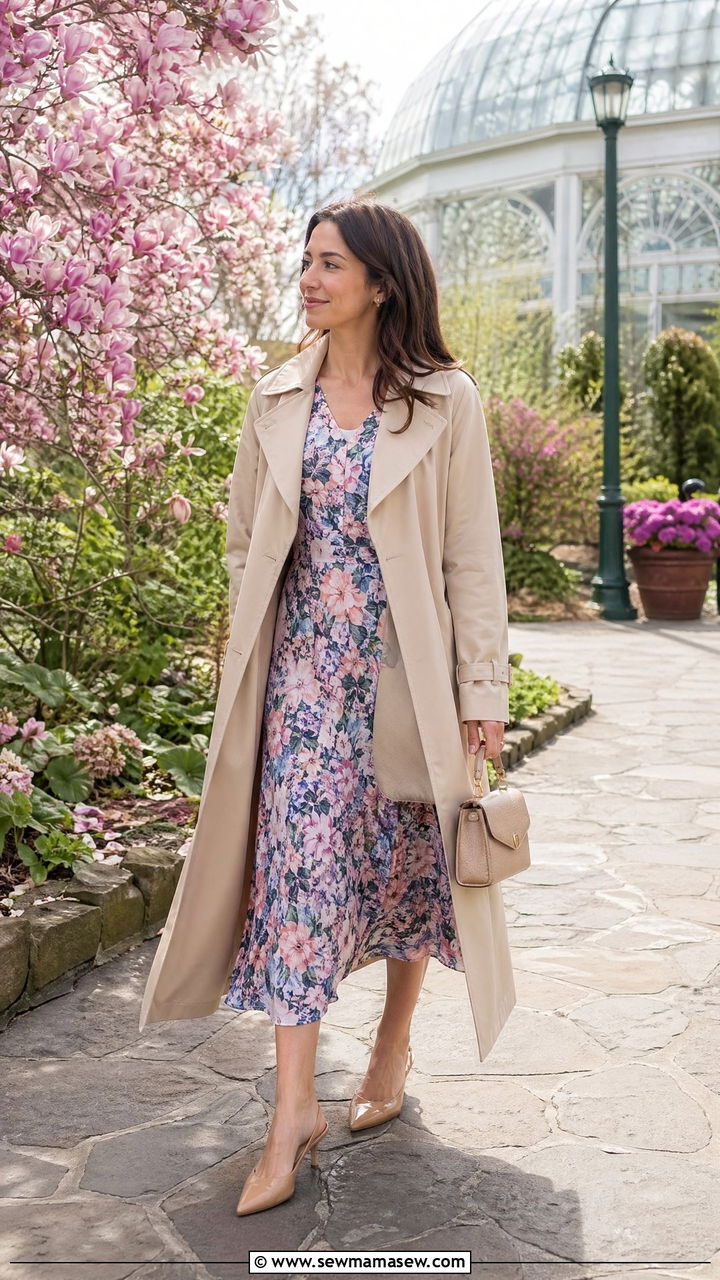 Trench Coat Over A Floral Midi Dress With Kitten Heels - 35 Spring New York outfit ideas