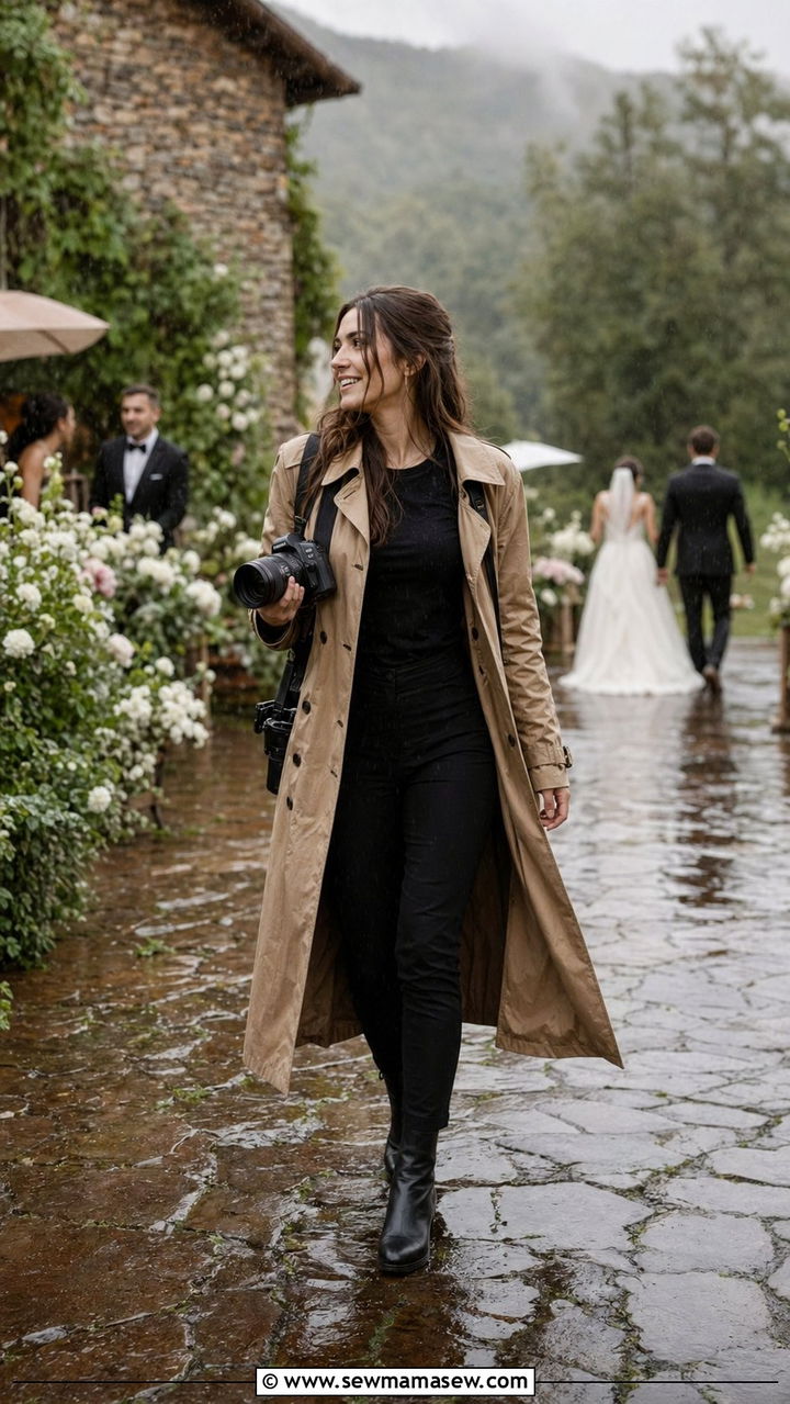 Trench Coat Over All Black Layers for Rainy Wedding Days - 30 Wedding photographer outfit ideas