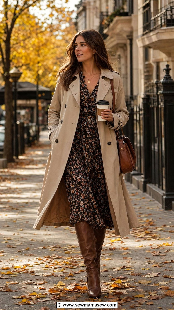 Trench Coat Over Floral Midi Dress With Boots - 35 romantic outfits for women