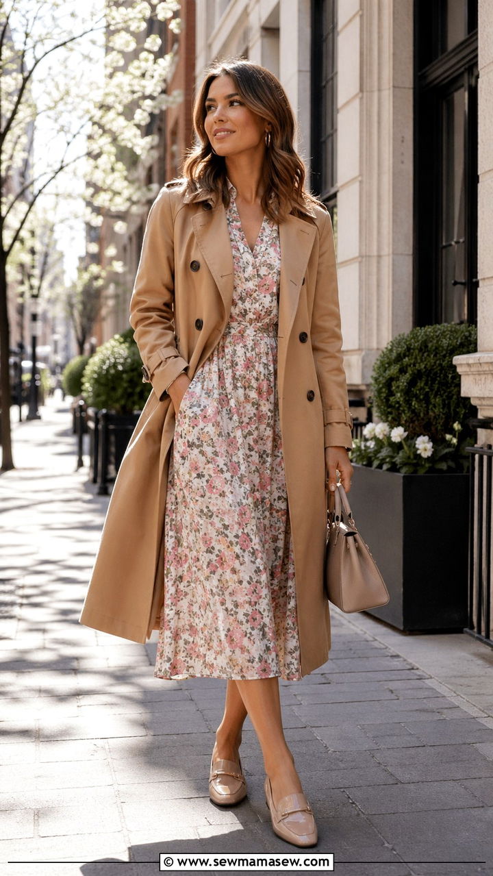 Trench Coat Over Floral Midi Dress and Loafers - 30 spring office party outfit ideas