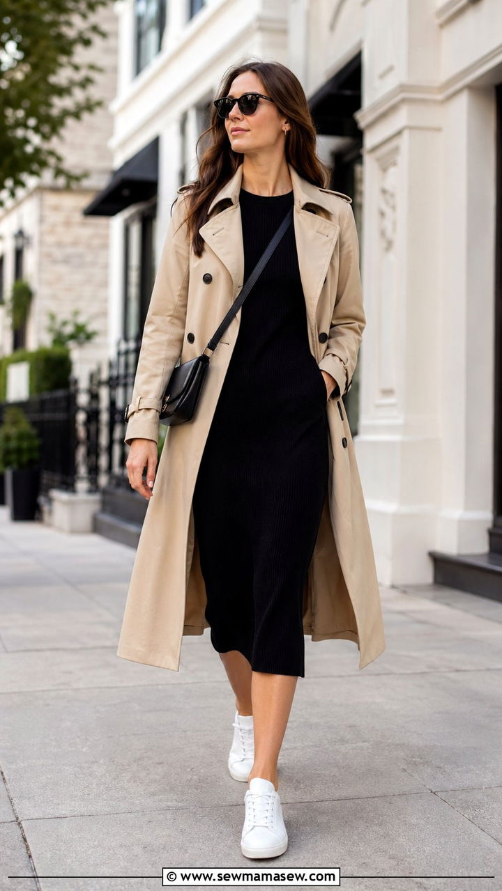 Trench Coat Over Knit Midi Dress With White Sneakers - 35 Normcore outfit ideas