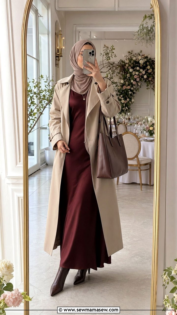 Trench Coat Over Maxi Dress With Hijab - 30 wedding guest outfits for hijab women