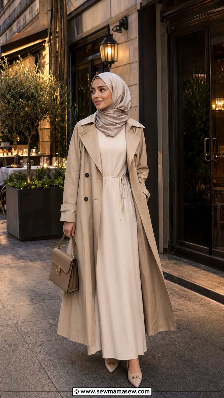 Trench Coat Over Maxi Dress With Pointed Flats - 35 Ramadan outfit ideas for women