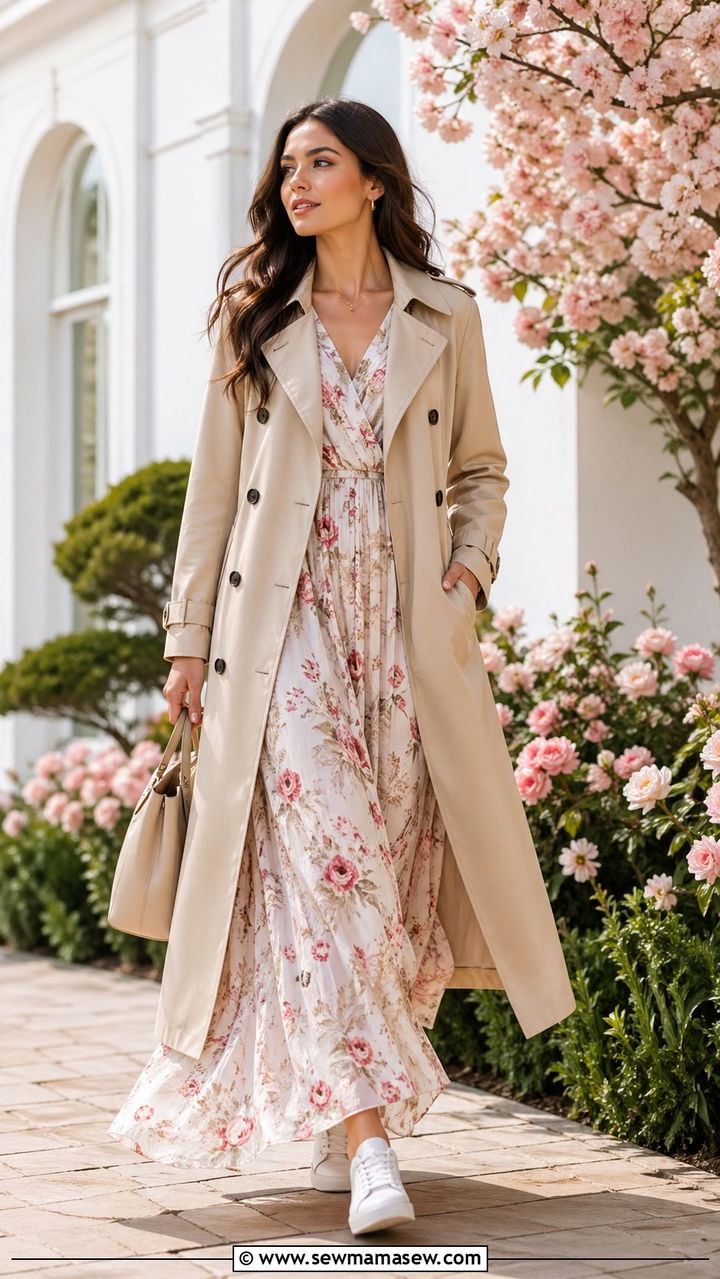 Trench Coat Over Maxi Dress With Sleek Sneakers - 30 sneaker outfits for women