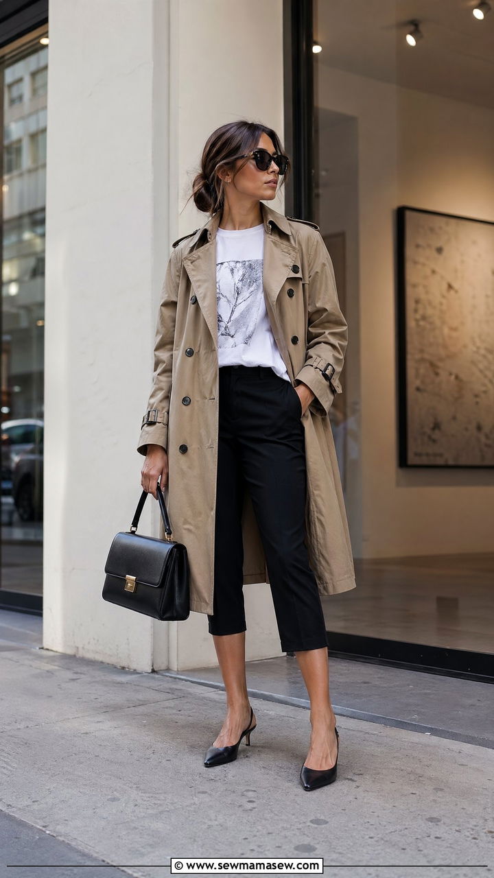 Trench Coat Over T Shirt And Capri Pants - 35 Summer transition outfits
