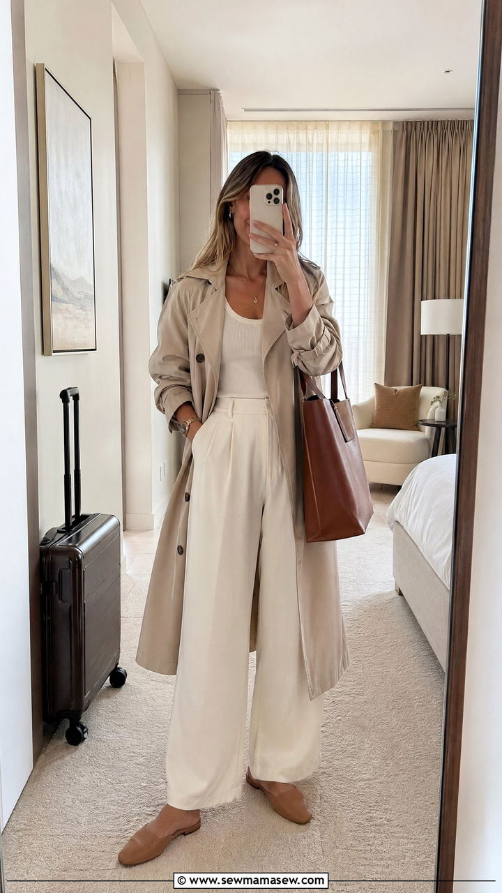 Trench Coat Over Tank and Wide Leg Trousers - 35 travel outfit ideas for women
