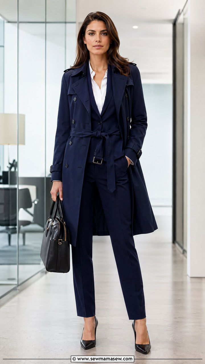 Trench Coat Over a Blazer and Trousers - 35 trench coat outfit ideas for women