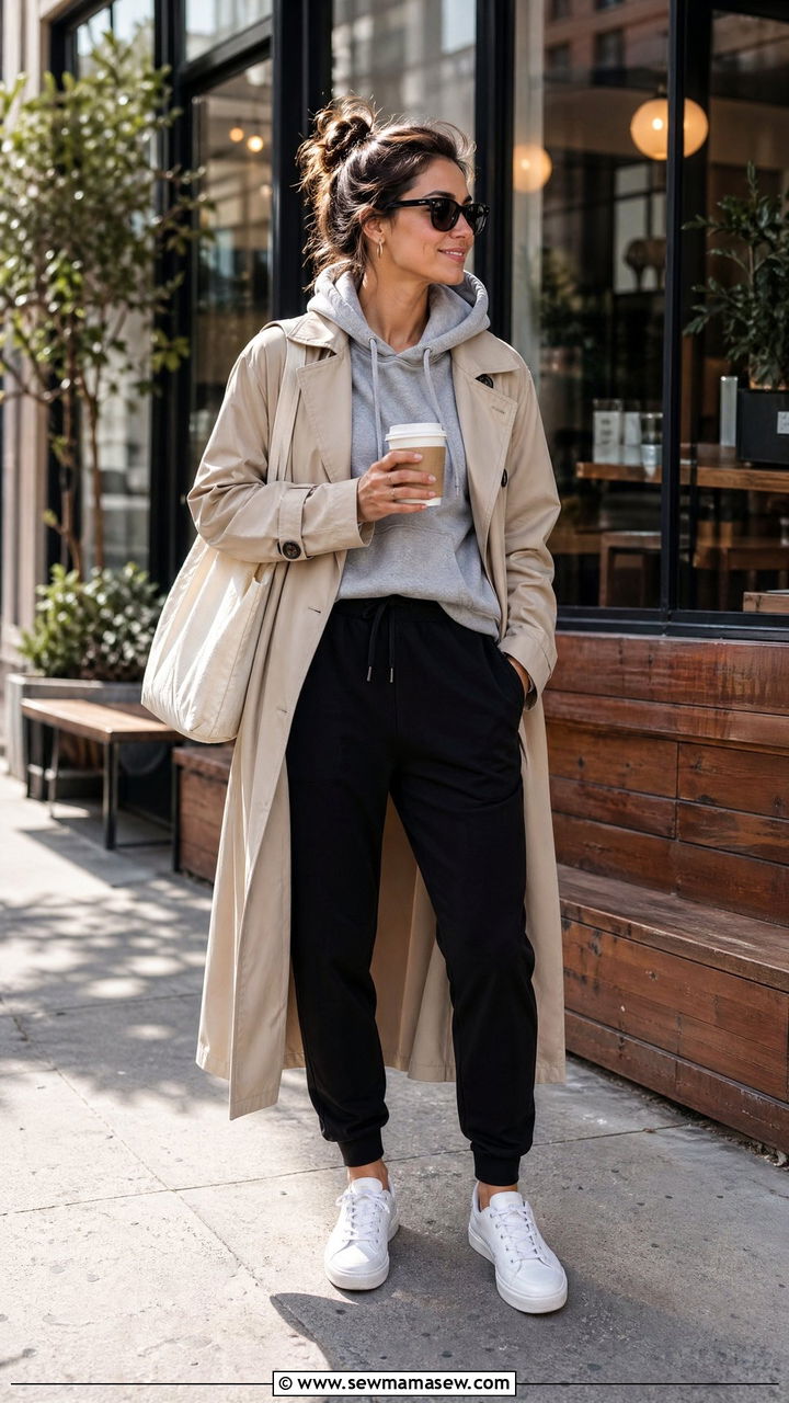 Trench Coat Over a Hoodie and Joggers - 35 cute trench coat outfits