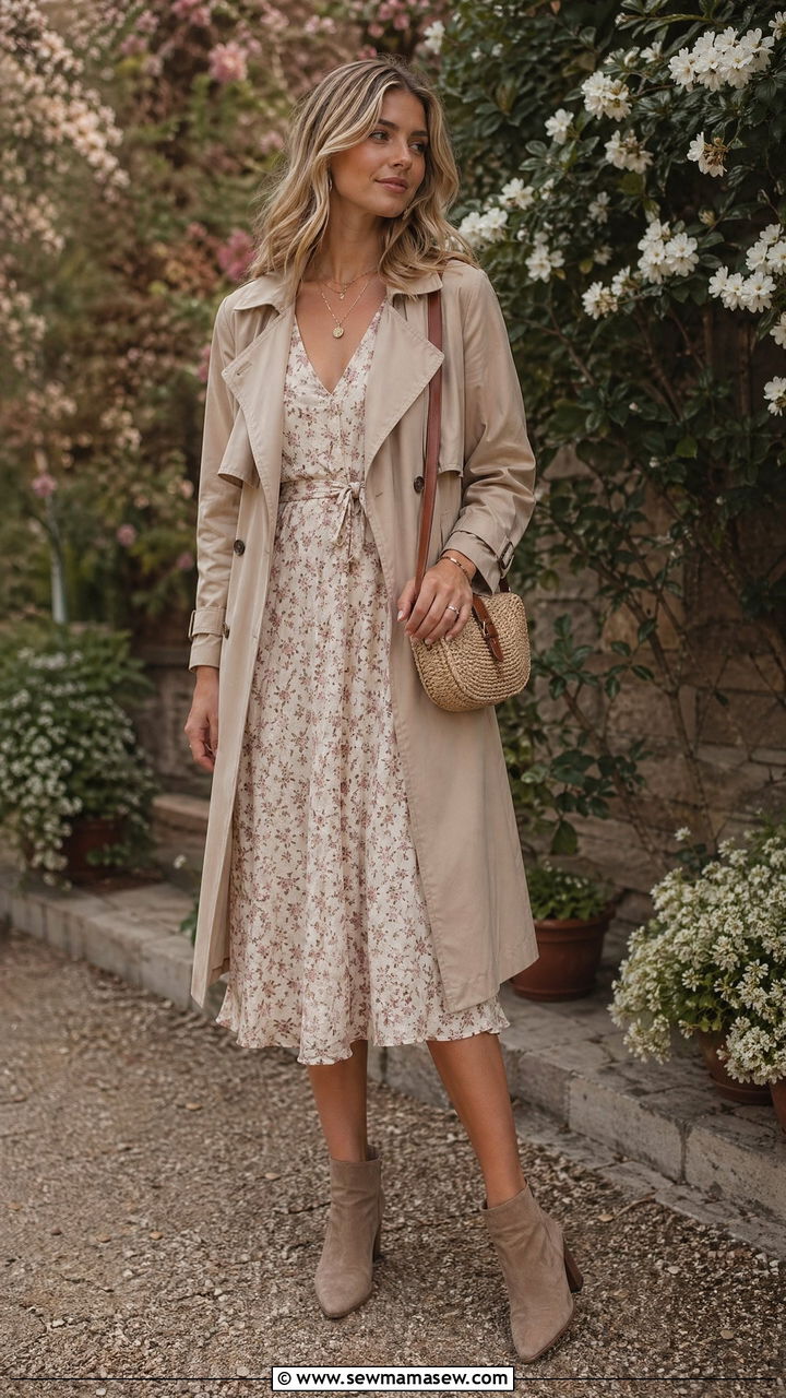 Trench Coat Over a Midi Dress With Ankle Boots - 35 trench coat outfit ideas for women