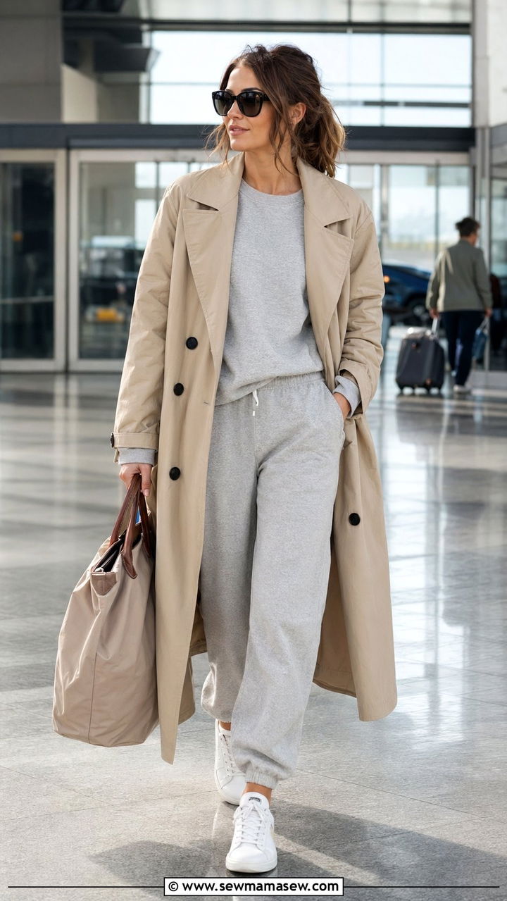 Trench Coat Over a Sweatsuit - 30 Airport outfit ideas for red eye flight