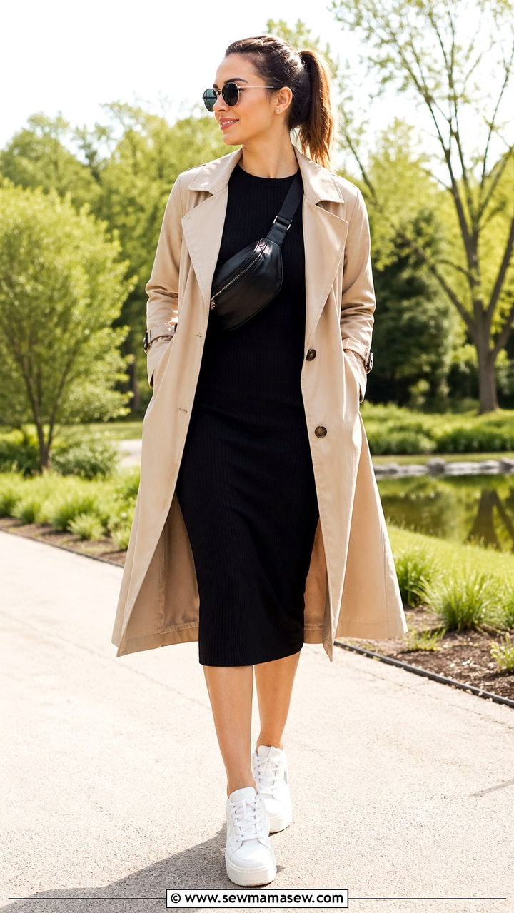 Trench Coat With Athletic Dress and Sneakers - 30 Sporty chic outfit ideas with a trench coat