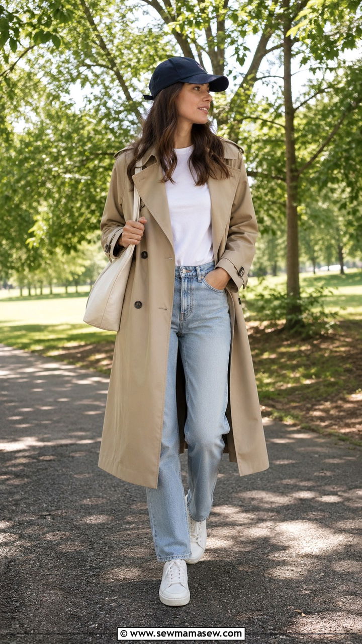Trench Coat With Baseball Cap and Jeans Outfit - 30 Sporty chic outfit ideas with a trench coat
