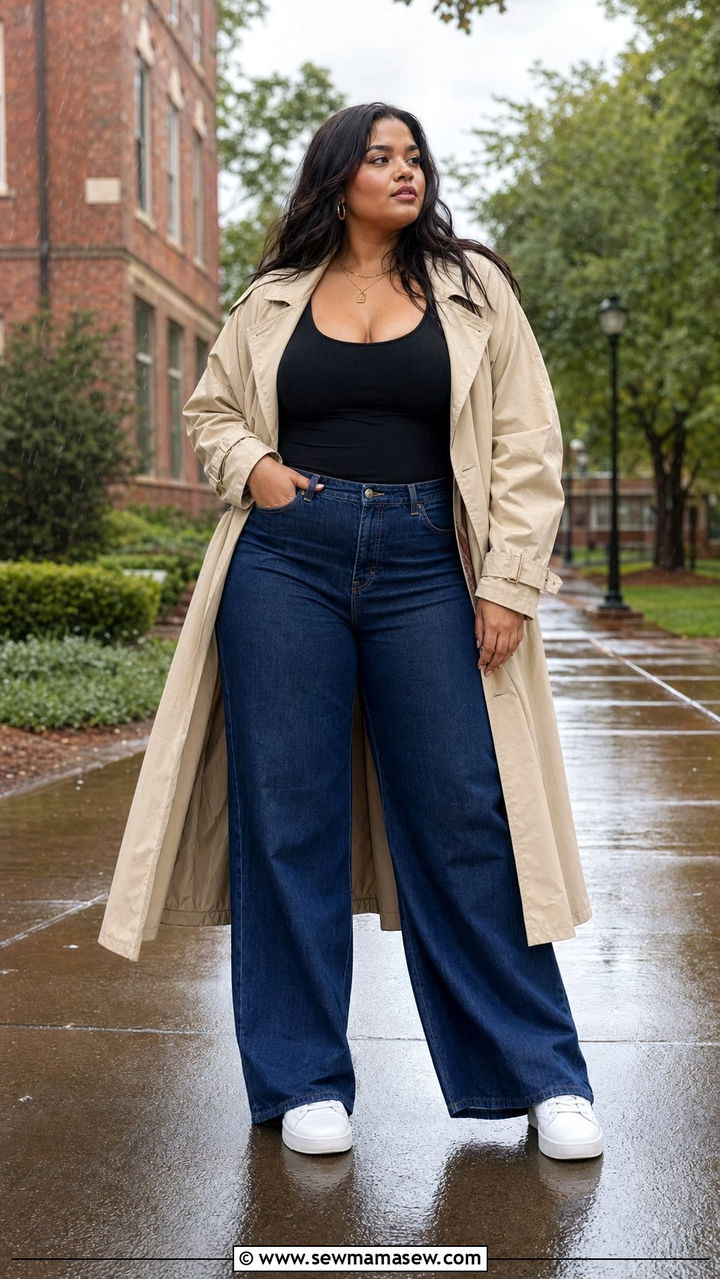 Trench Coat With Black Bodysuit And Wide Leg Jeans - 30 Back to school outfit ideas plus size college