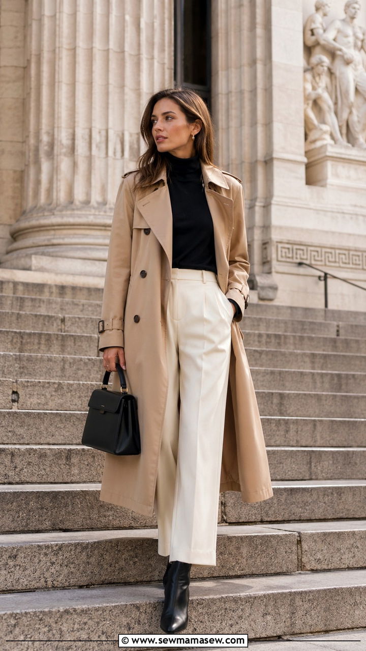 Trench Coat With Black Turtleneck And Cream Trousers - 30 Spring capsule wardrobe minimalist