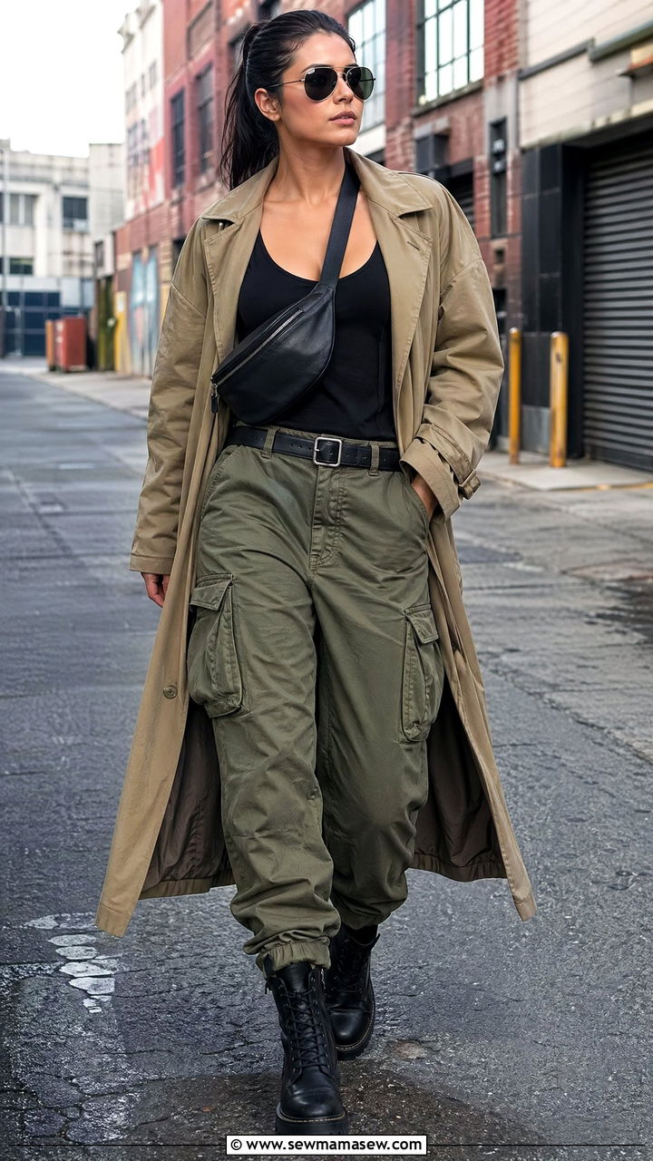 Trench Coat With Cargo Pants And Combat Boots - 35 trench coat outfits for women