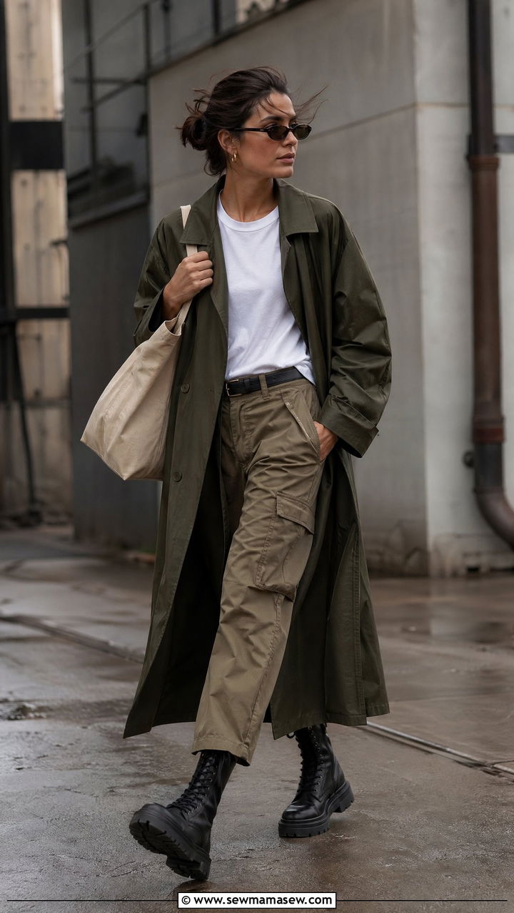 Trench Coat With Cargo Pants and Combat Boots - 35 cute trench coat outfits