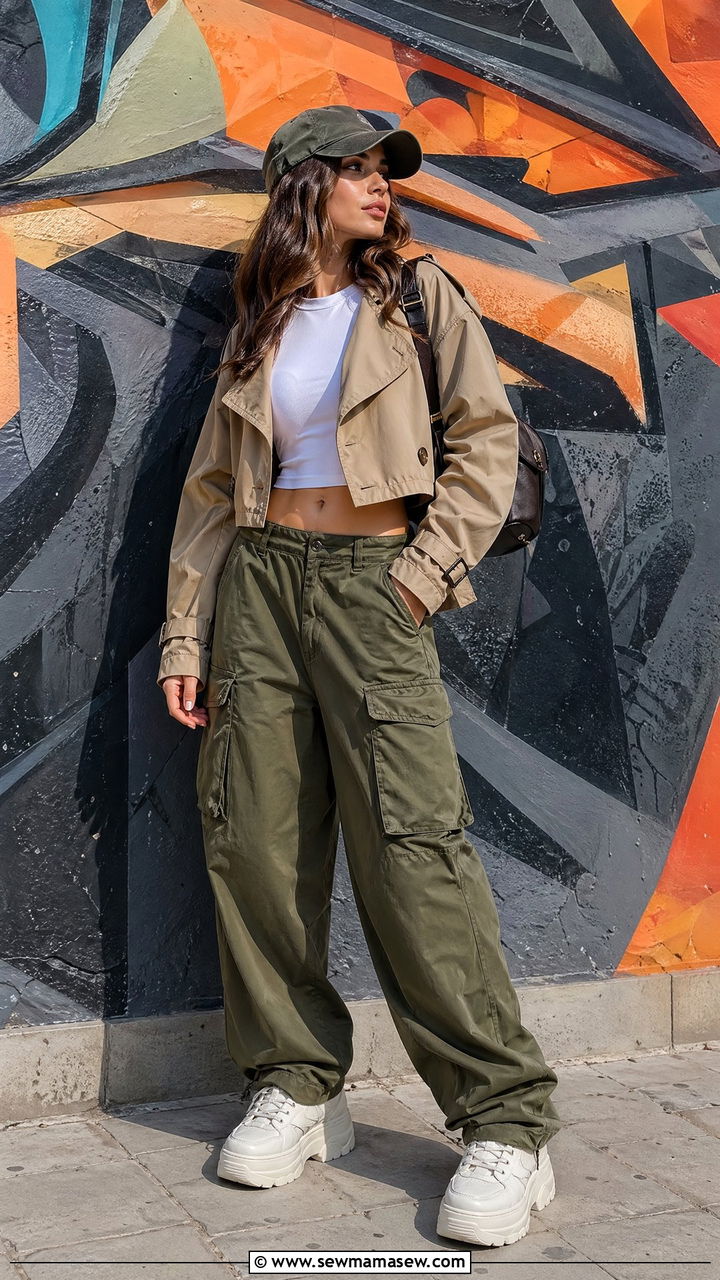 Trench Coat With Cargo Pants and Platform Sneakers - 35 trench coat outfit ideas for women