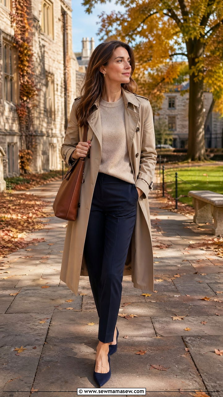 Trench Coat With Cashmere Sweater And Slim Trousers - 35 College professor outfit ideas