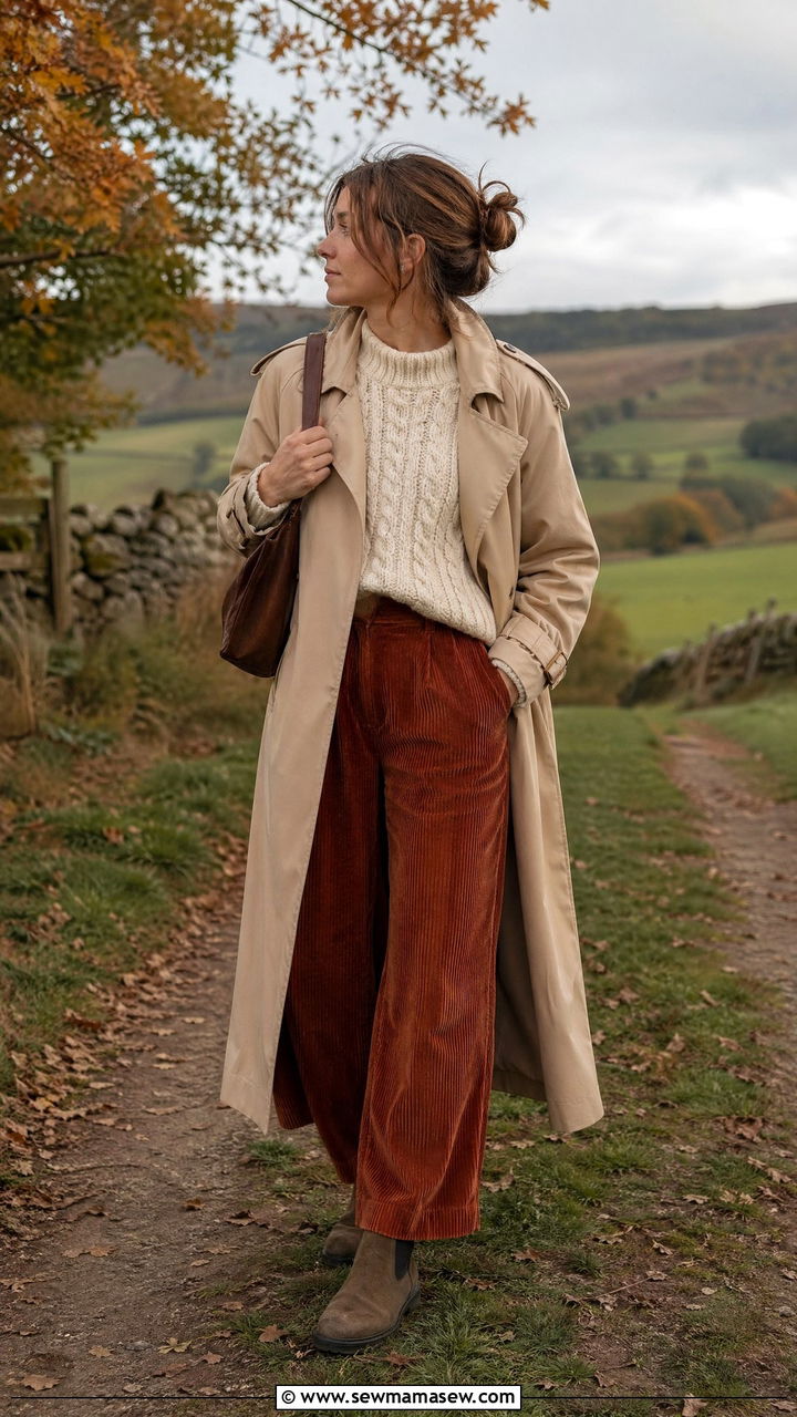 Trench Coat With Corduroy Pants And Chunky Sweater - 40 trench coat outfits