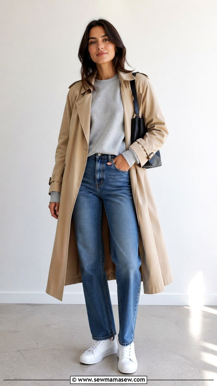 Trench Coat With Crewneck Sweatshirt and Straight Leg Jeans - 30 Sporty chic outfit ideas with a trench coat