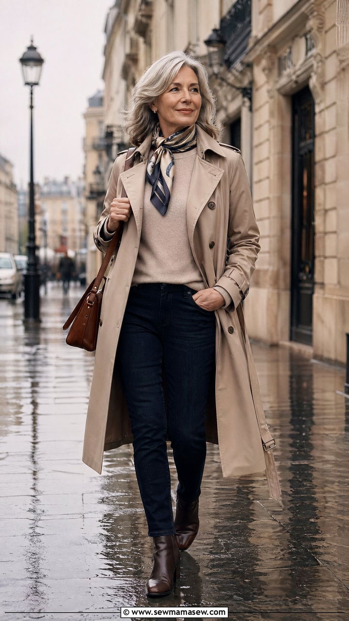 Trench Coat With Dark Jeans For Cool Weather City Break - 35 Travel outfits for women over 50