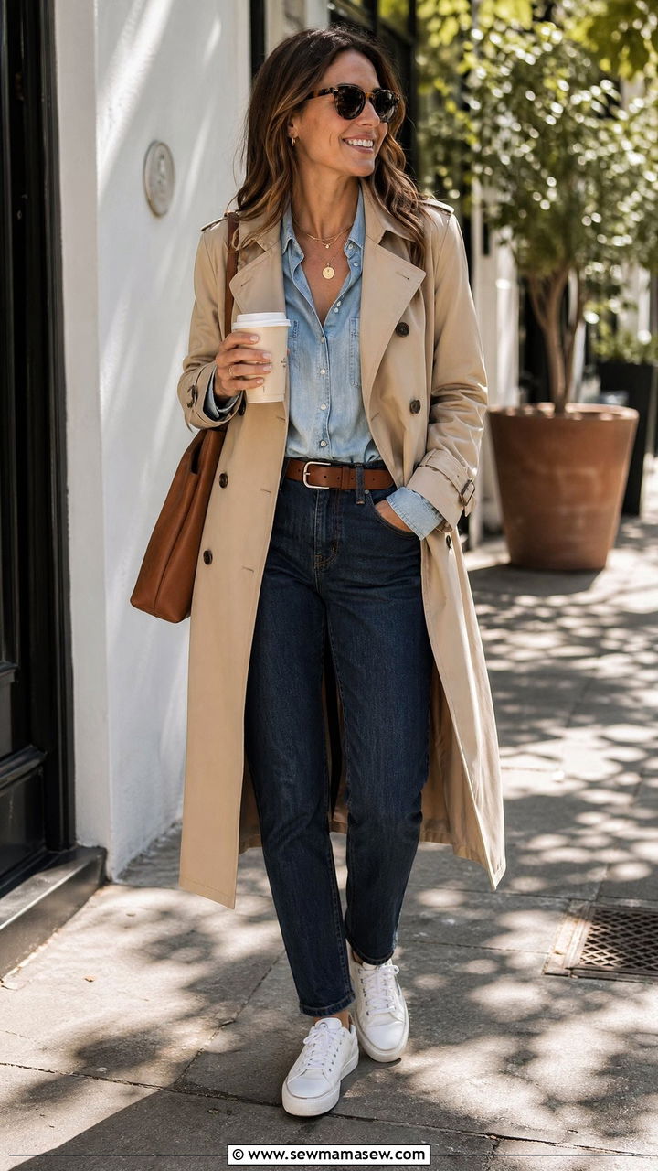 Trench Coat With Denim On Denim - 35 trench coat outfits for women