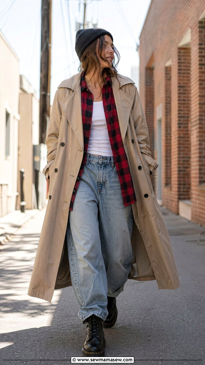 Trench Coat With Flannel Shirt And Baggy Jeans - 40 trench coat outfits