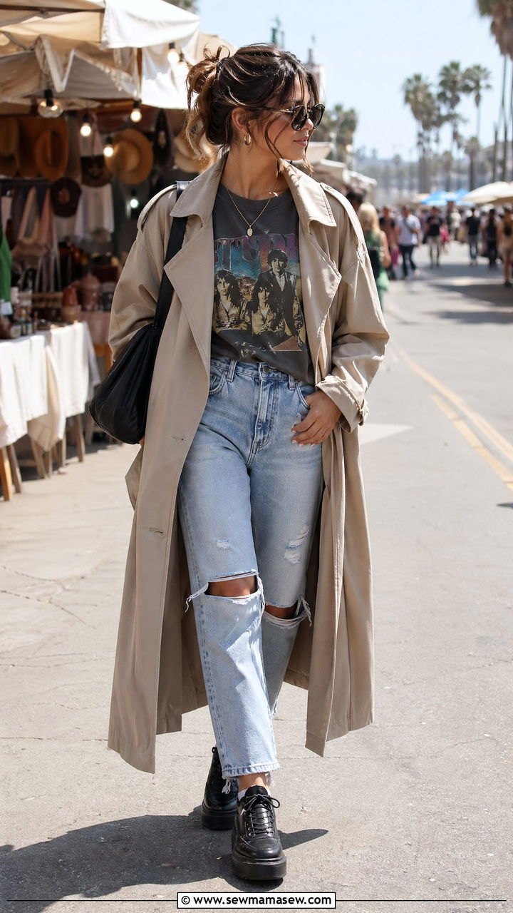 Trench Coat With Graphic Tee And Ripped Jeans - 40 trench coat outfits