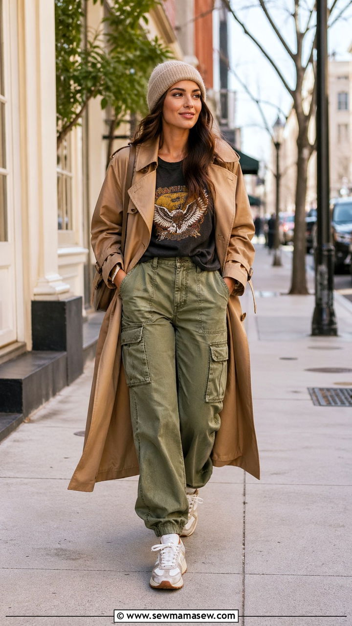 Trench Coat With Graphic Tee and Cargo Pants - 30 Sporty chic outfit ideas with a trench coat