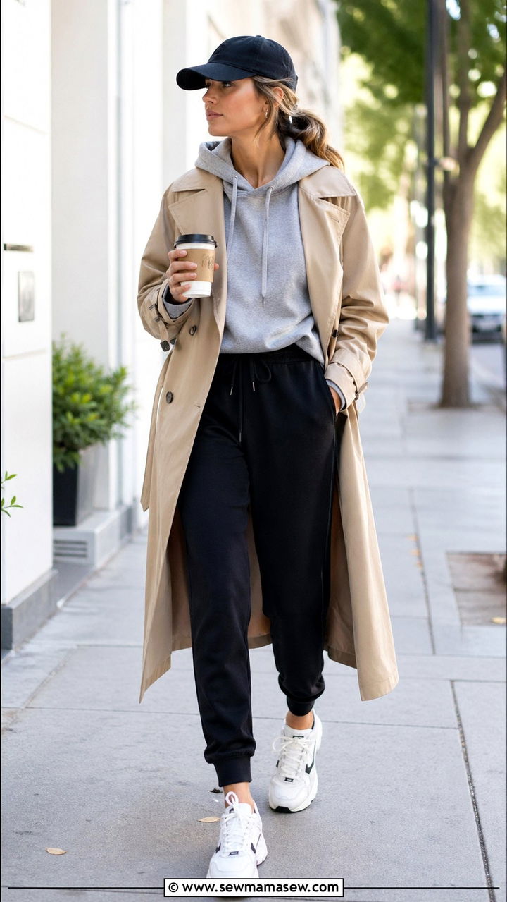 Trench Coat With Hoodie and Joggers Outfit - 30 Sporty chic outfit ideas with a trench coat