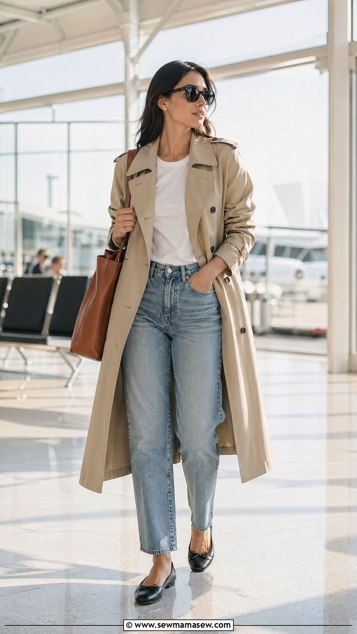 Trench Coat With Jeans And Ballet Flats - 40 Airport outfits for women