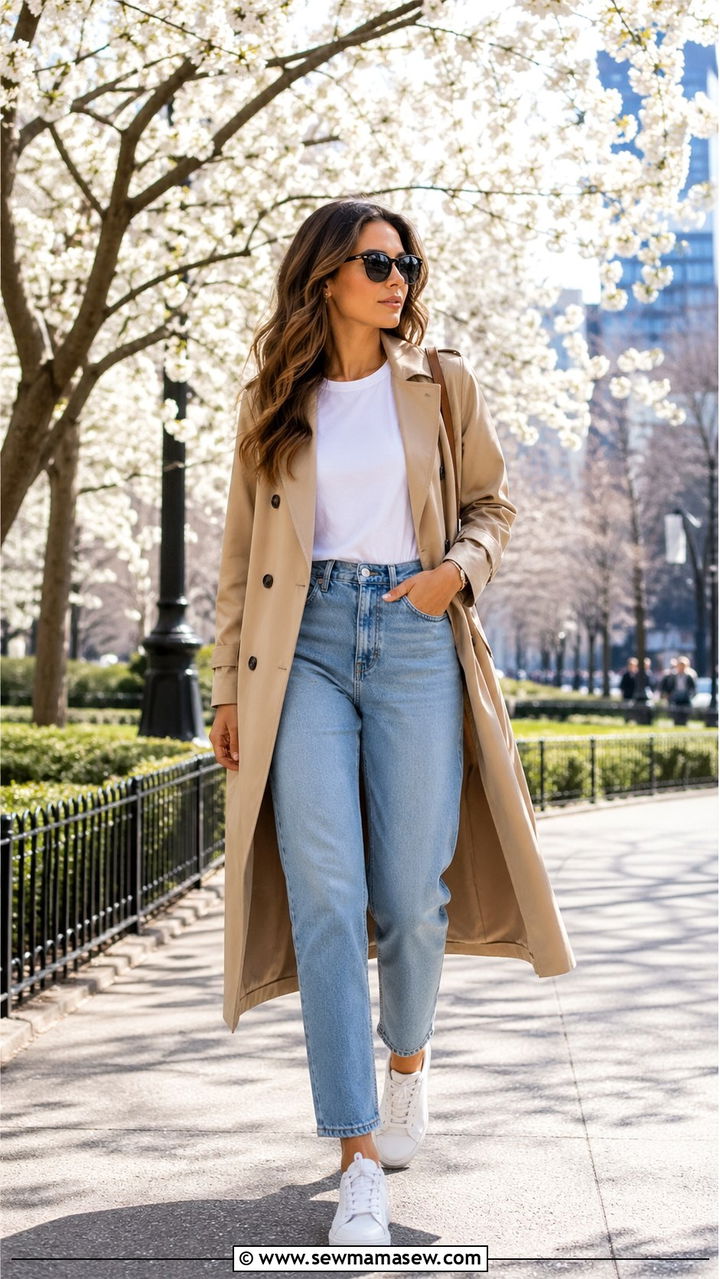 Trench Coat With Jeans And Sneakers - 30 Spring cozy outfit ideas