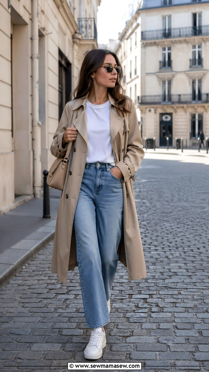 Trench Coat With Jeans and White Leather Sneakers - 30 sneaker outfits for women
