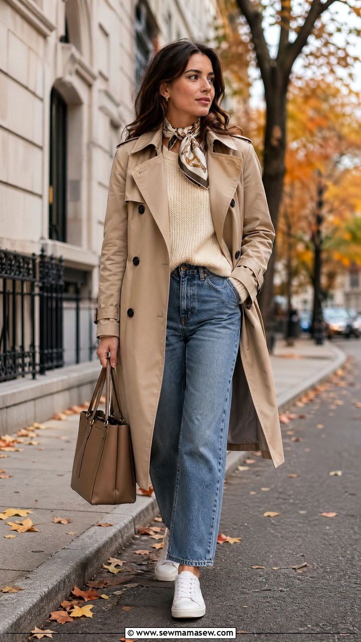 Trench Coat With Jeans and a Sweater - 35 casual outfits ideas