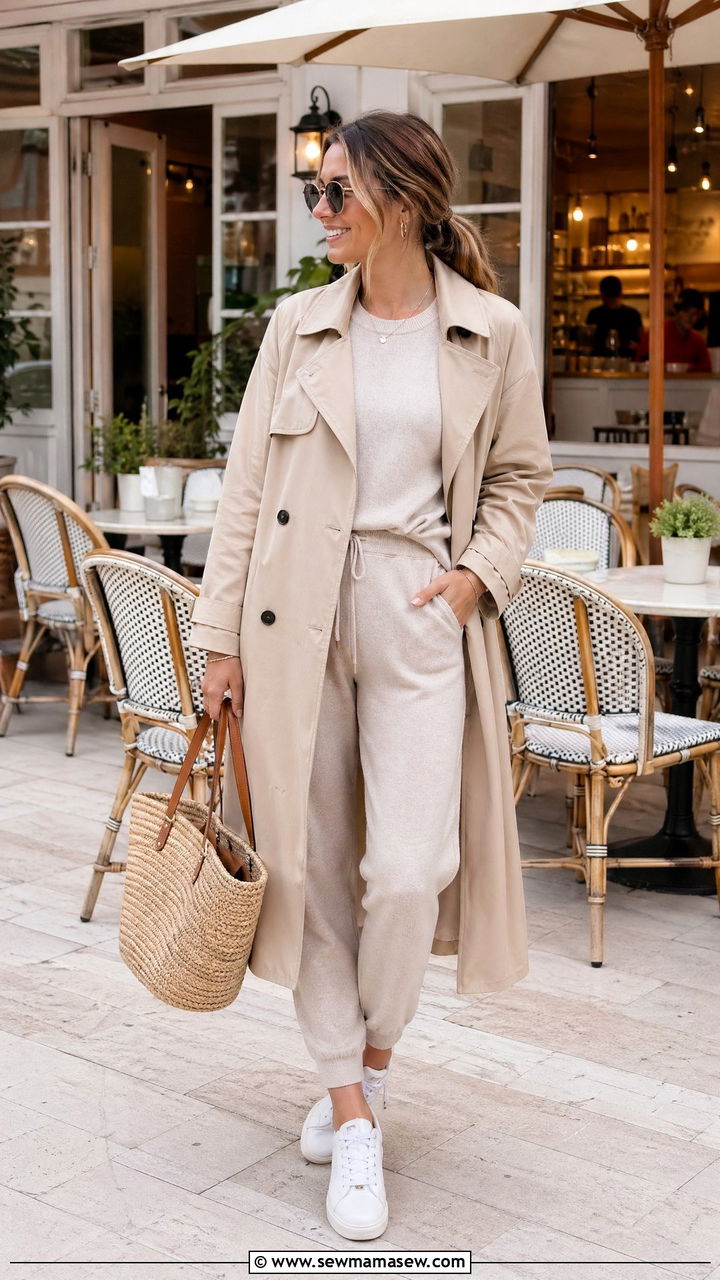 Trench Coat With Knit Set And Sneakers - 35 trench coat outfits for women