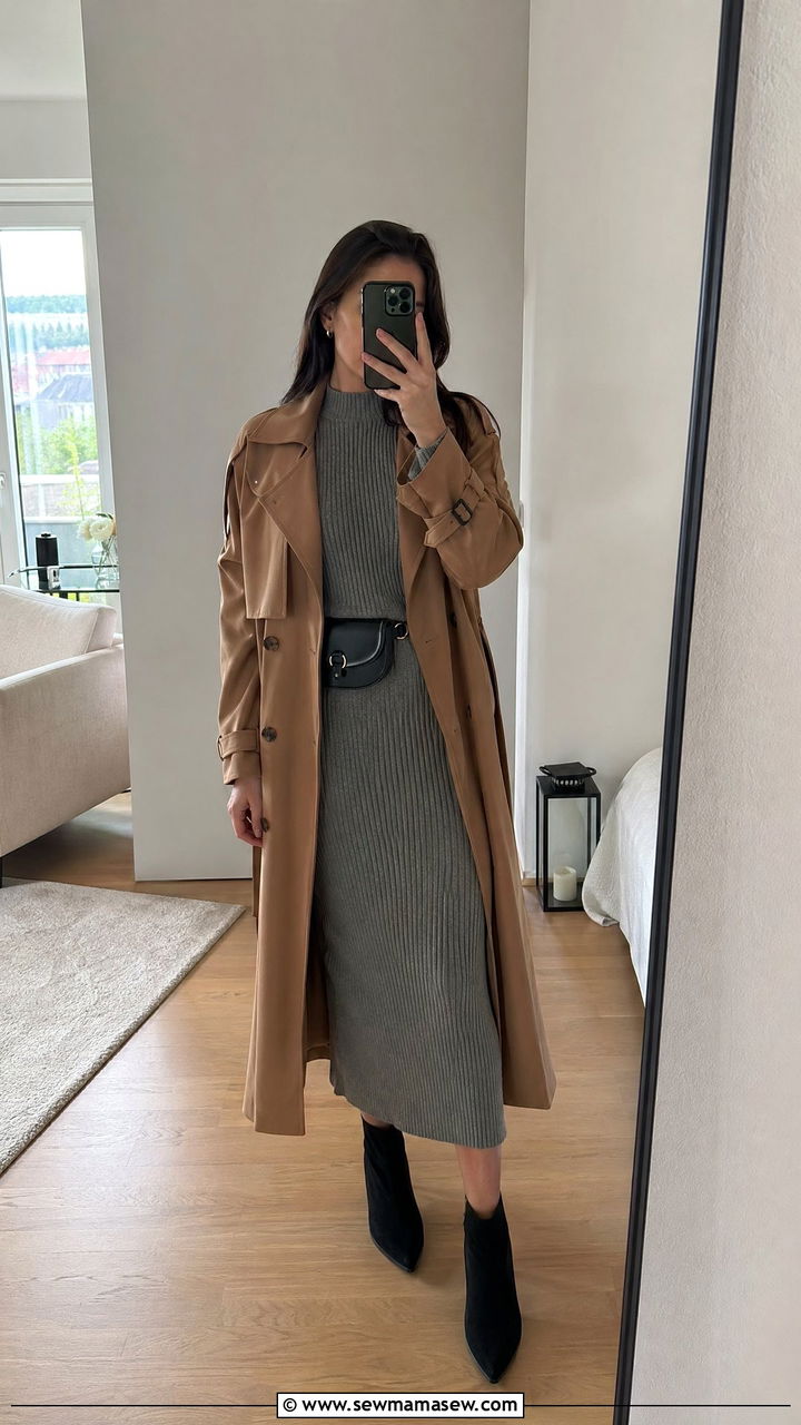 Trench Coat With Knitted Midi Skirt And Ankle Boots - 40 trench coat outfits