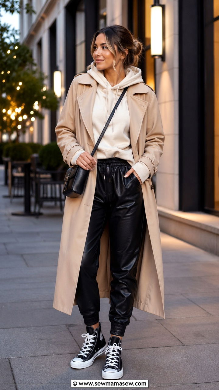 Trench Coat With Leather Joggers and Hoodie - 30 Sporty chic outfit ideas with a trench coat