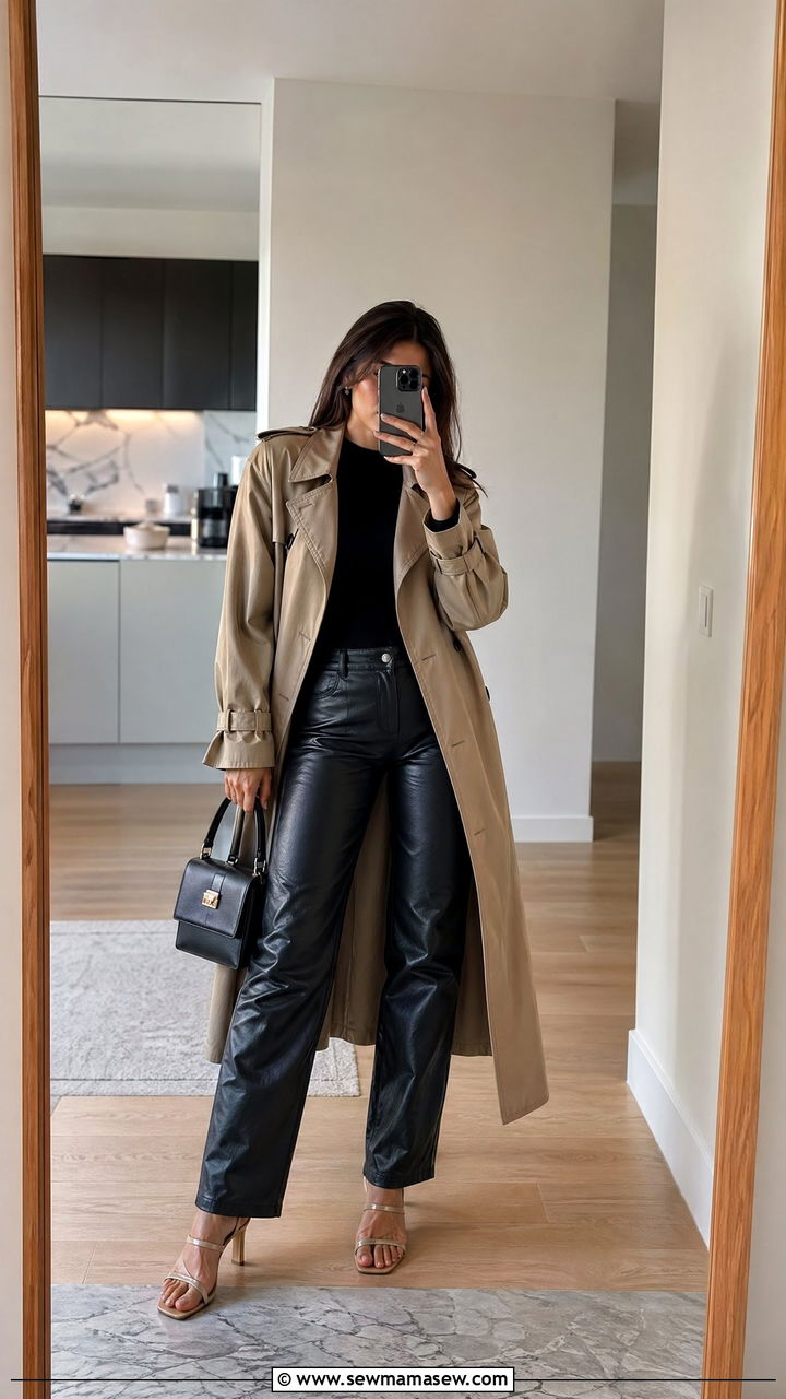 Trench Coat With Leather Pants And Heeled Sandals - 40 trench coat outfits