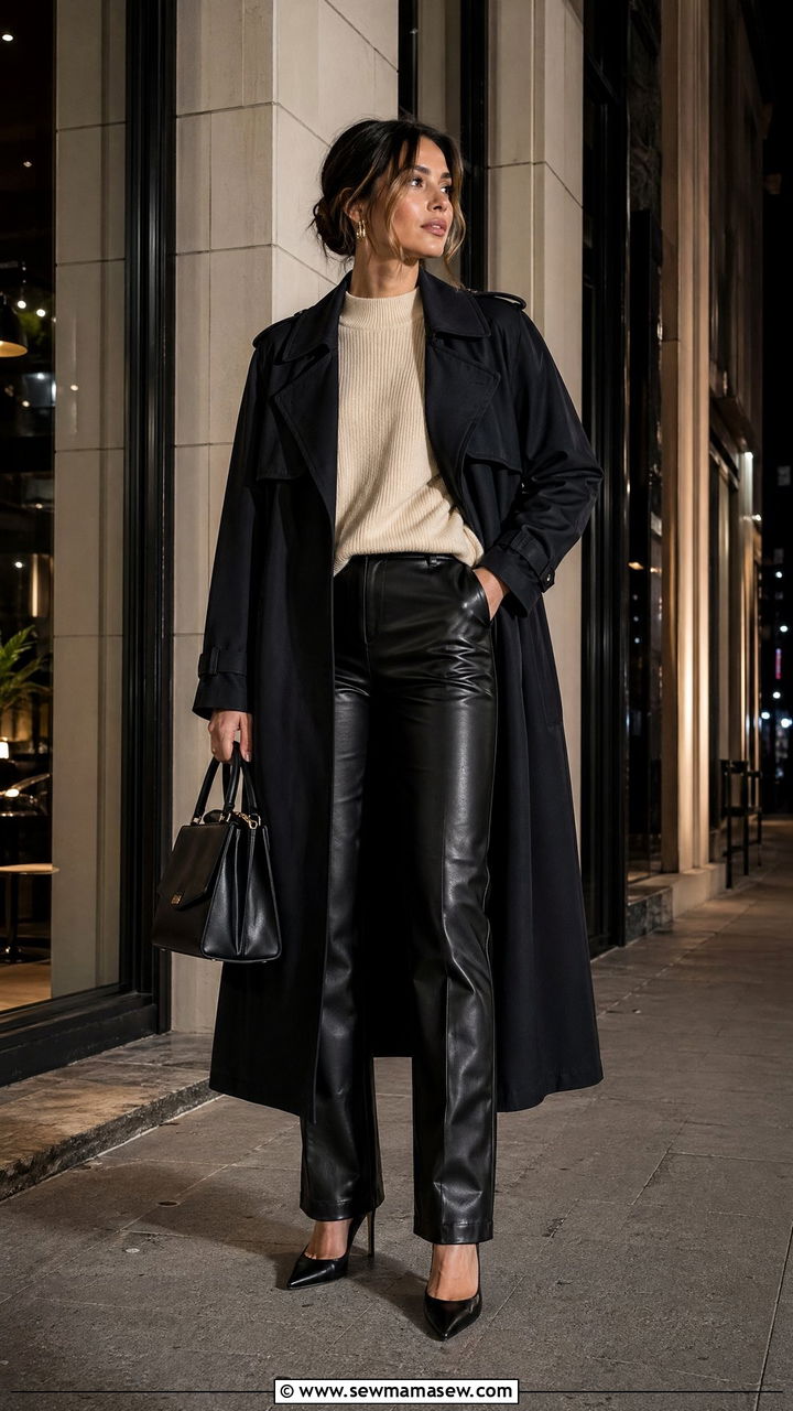 Trench Coat With Leather Pants and Pointed Heels - 35 cute trench coat outfits
