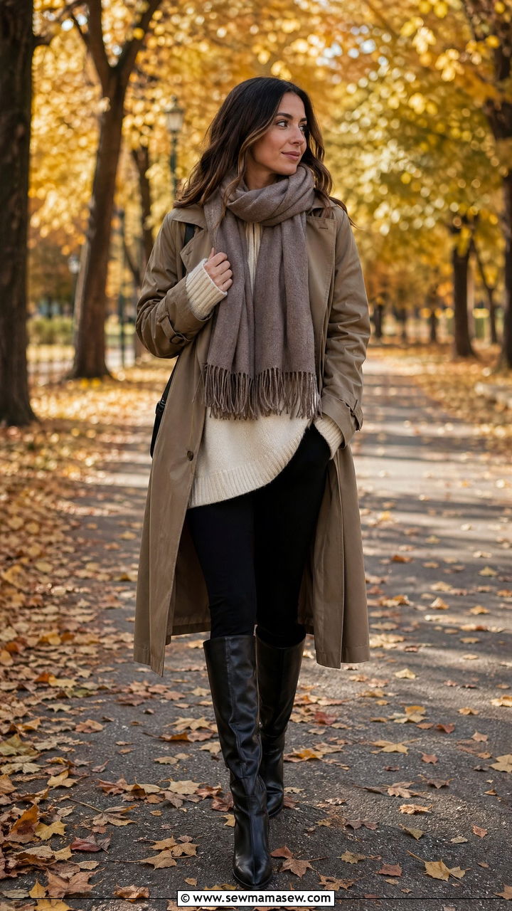 Trench Coat With Leggings and Knee High Boots - 35 trench coat outfit ideas for women