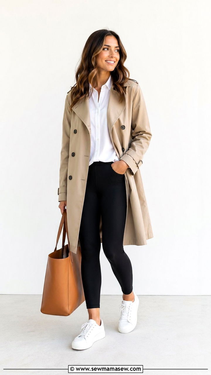 Trench Coat With Leggings and Sneakers Outfit - 30 Sporty chic outfit ideas with a trench coat