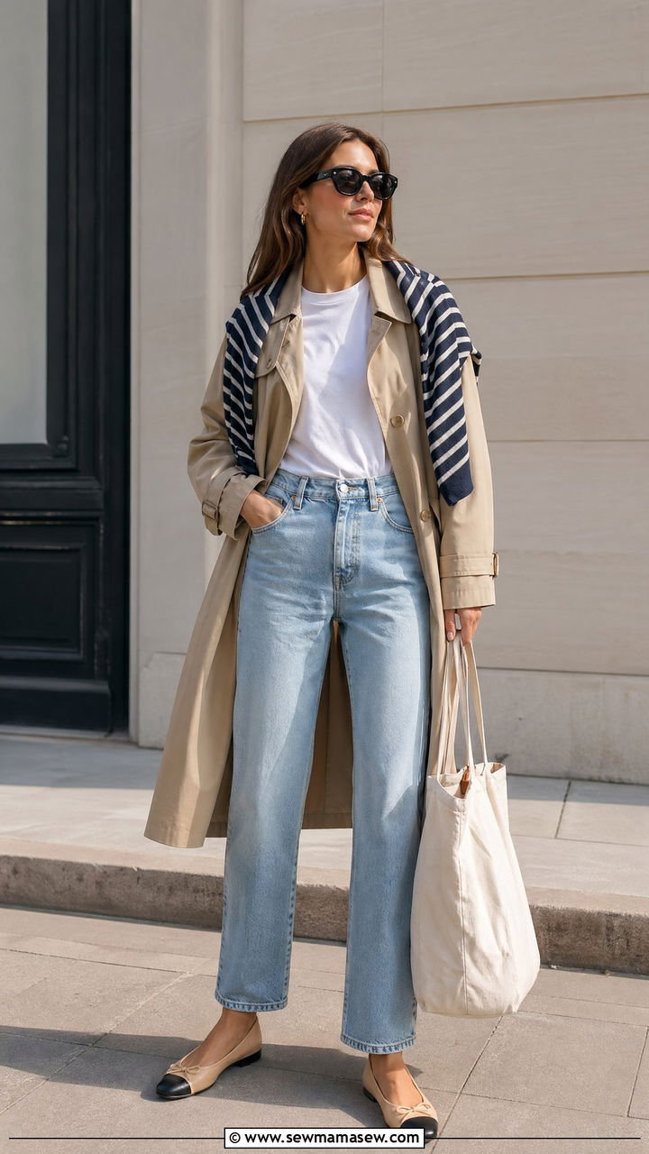 Trench Coat With Light Wash Jeans And Striped Sweater Over Shoulders - 35 spring parisian outfit ideas