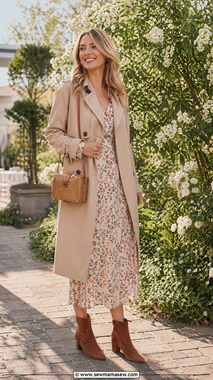 Trench Coat With Midi Dress And Ankle Boots - 35 trench coat outfits for women