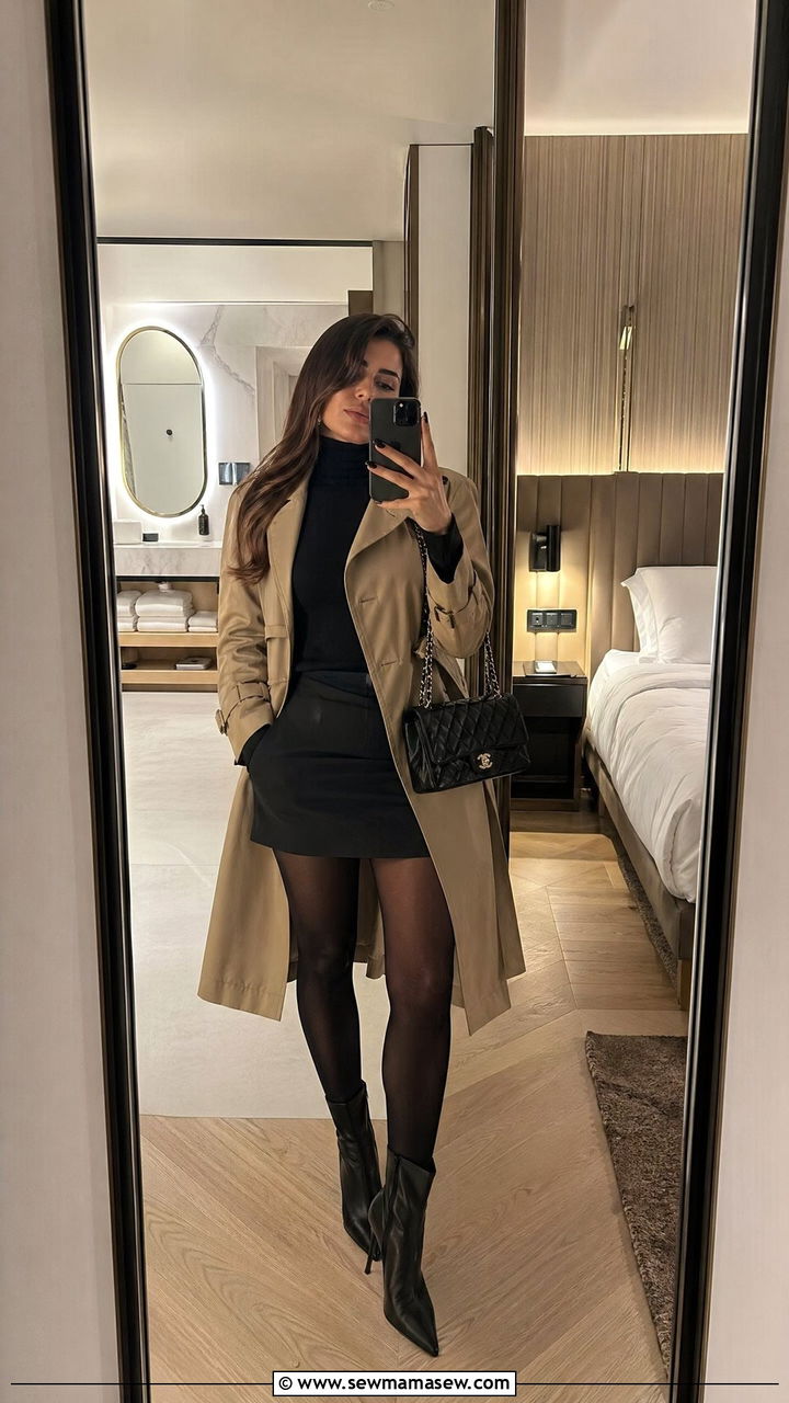 Trench Coat With Mini Skirt And Tights - 35 trench coat outfits for women