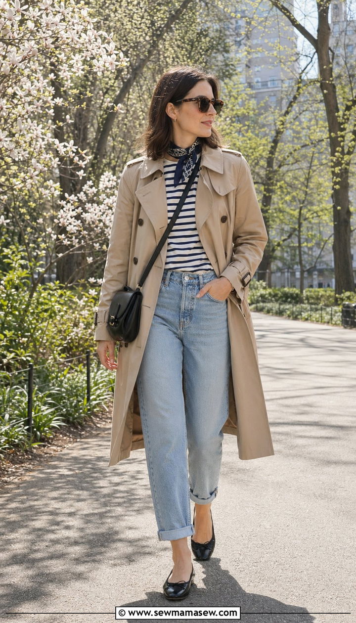 Trench Coat With Mom Jeans And Striped Tee Outfit - 30 90s outfit ideas for women over 40