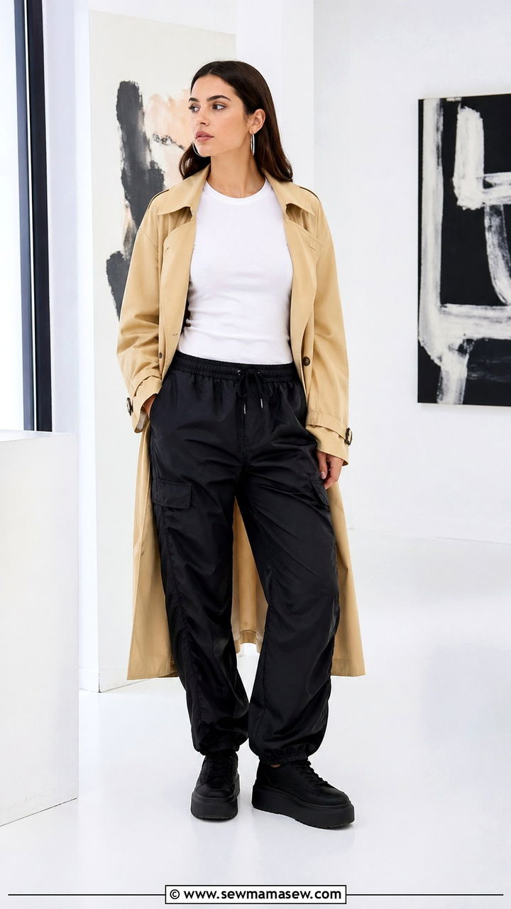 Trench Coat With Parachute Pants and Fitted Tee - 30 Sporty chic outfit ideas with a trench coat