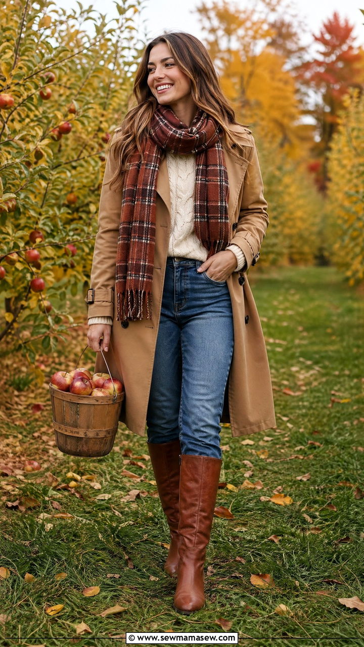 Trench Coat With Plaid Scarf And Boots - 35 trench coat outfits for women