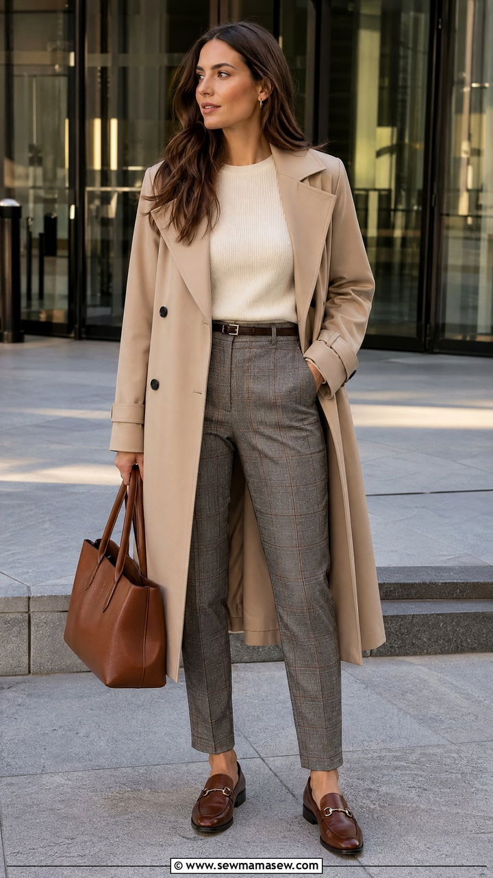 Trench Coat With Plaid Trousers and Loafers - 35 cute trench coat outfits