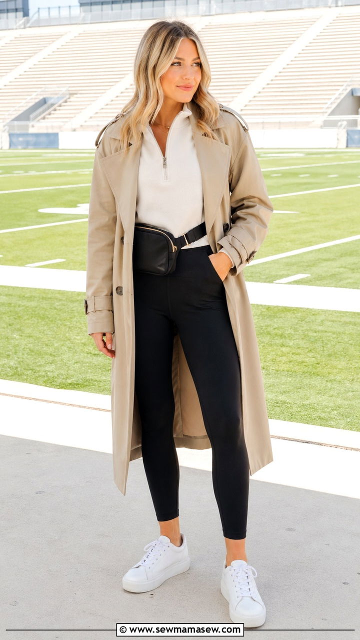 Trench Coat With Quarter Zip Pullover and Leggings - 30 Sporty chic outfit ideas with a trench coat