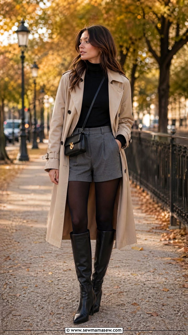 Trench Coat With Shorts and Tights - 35 cute trench coat outfits